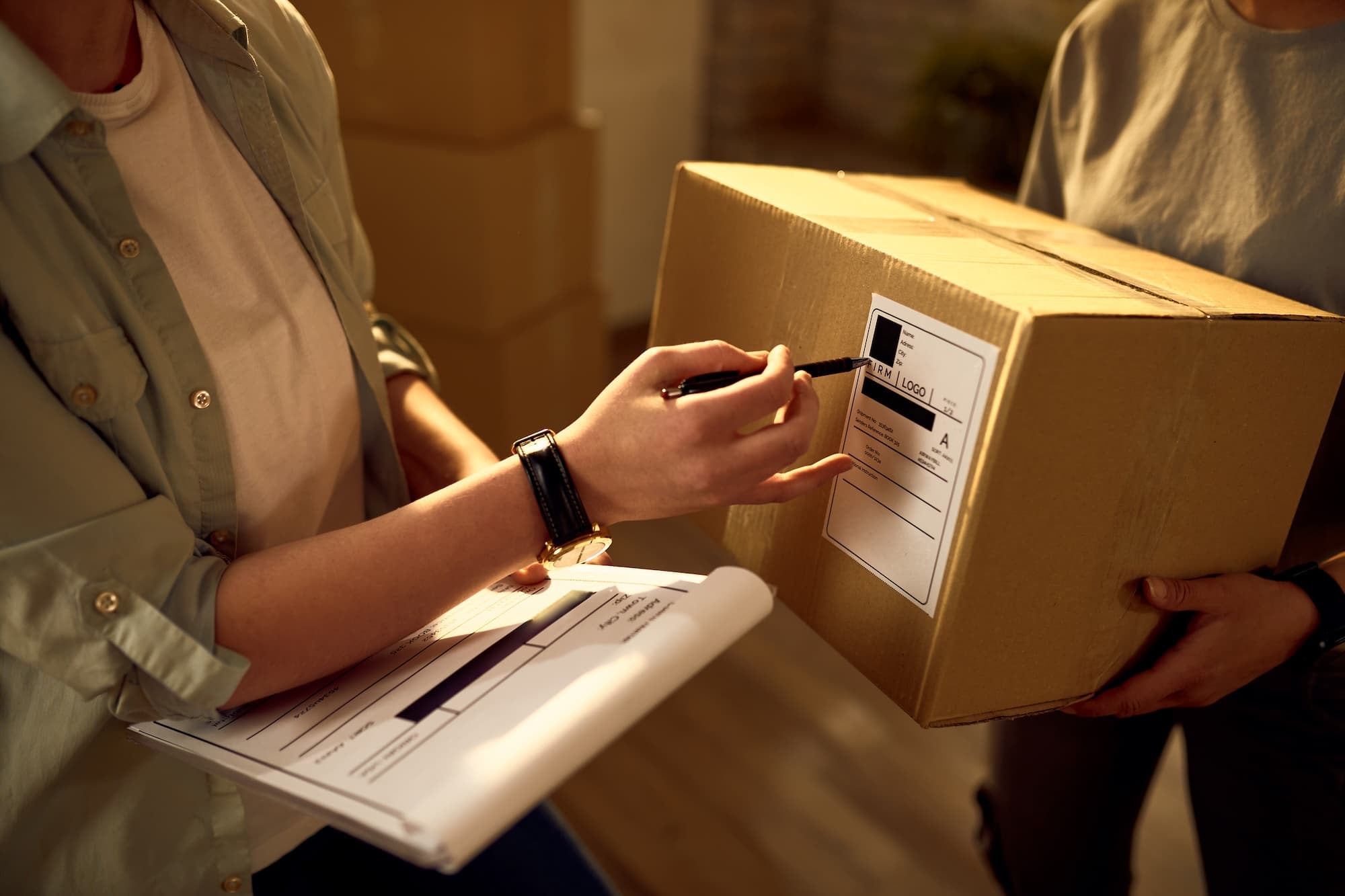 Two delivery staff checking packages